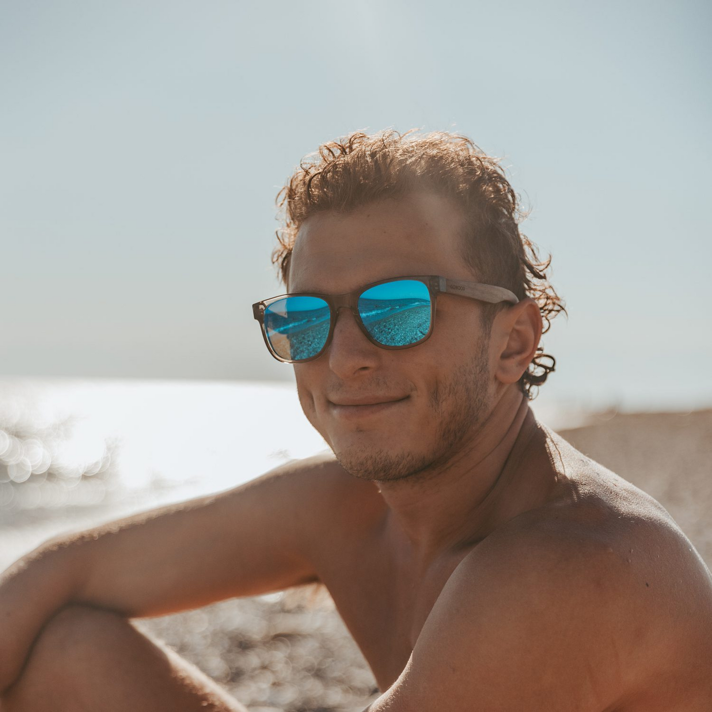 Walnut wood classic style sunglasses blue mirrored polarized lenses