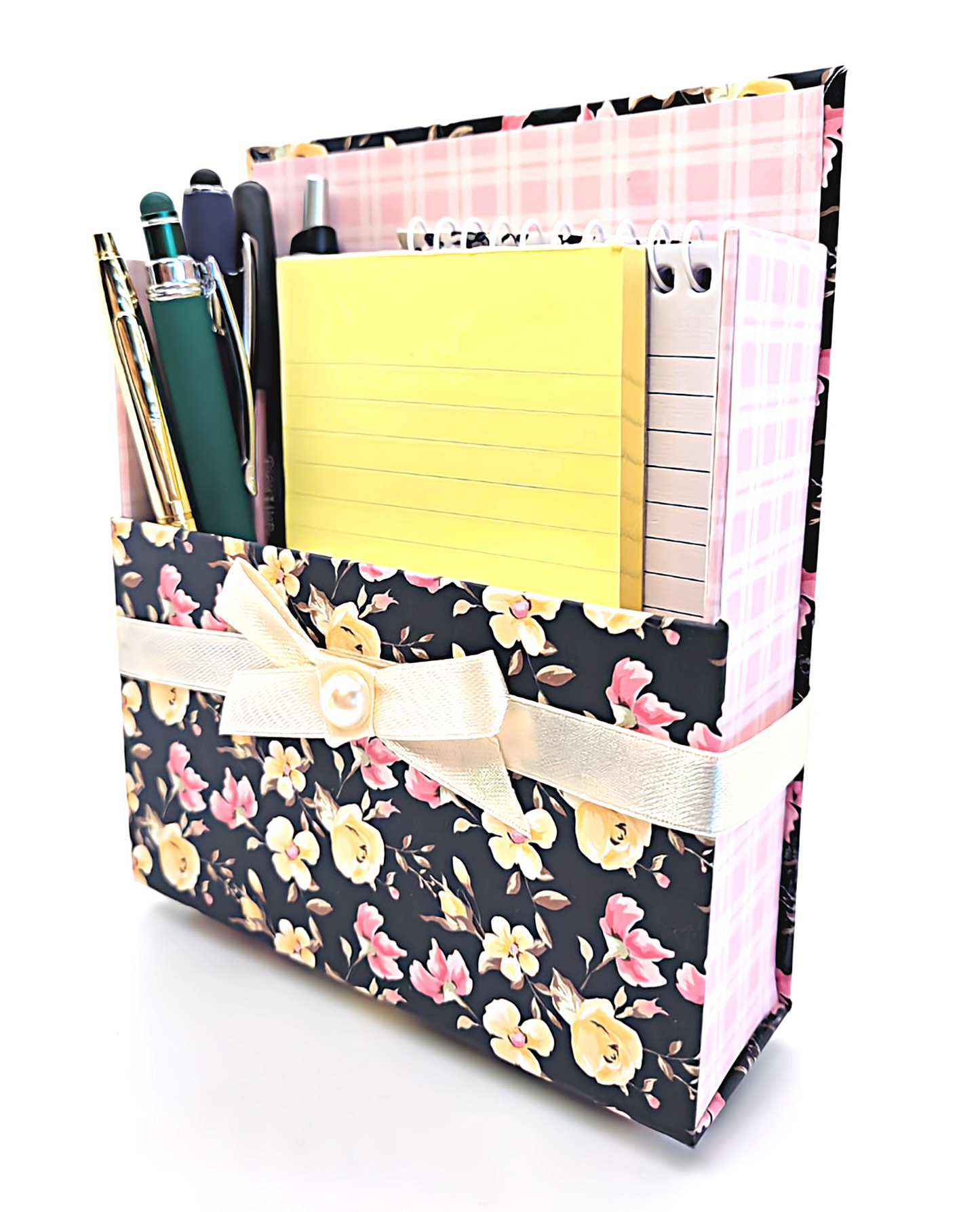 42-Pc Stationery Gift Box Set with Reusable Desktop Organizer Box (Black, Pink & Yellow Roses)