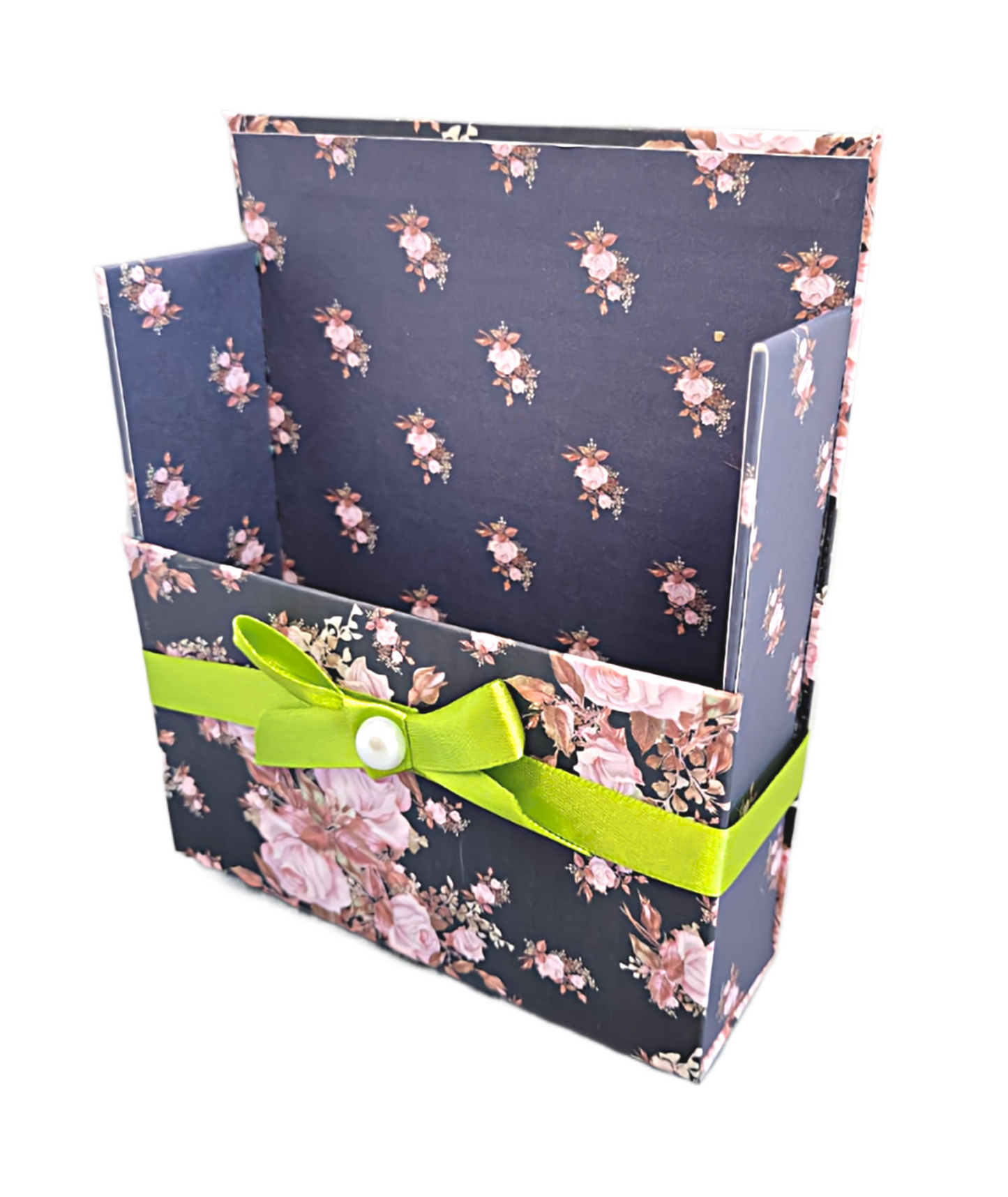42-Pc Stationery Gift Box Set with Reusable Desktop Organizer Box (Pink & Coral Roses on Black)