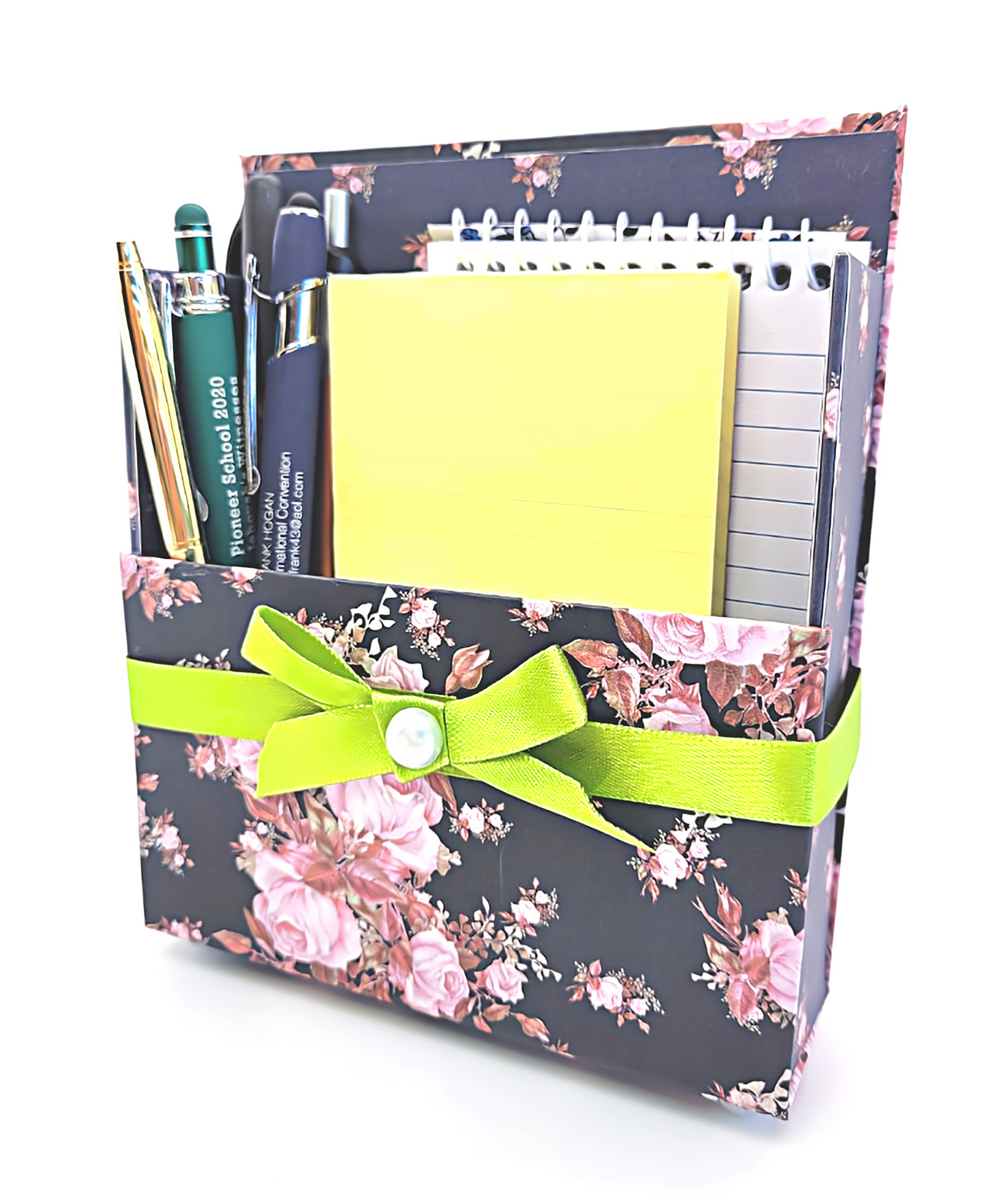 42-Pc Stationery Gift Box Set with Reusable Desktop Organizer Box (Pink & Coral Roses on Black)