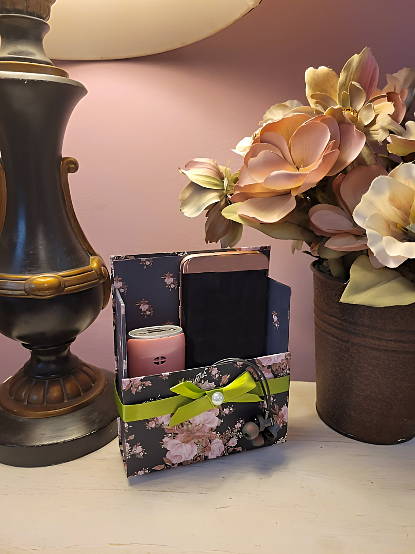42-Pc Stationery Gift Box Set with Reusable Desktop Organizer Box (Pink & Coral Roses on Black)
