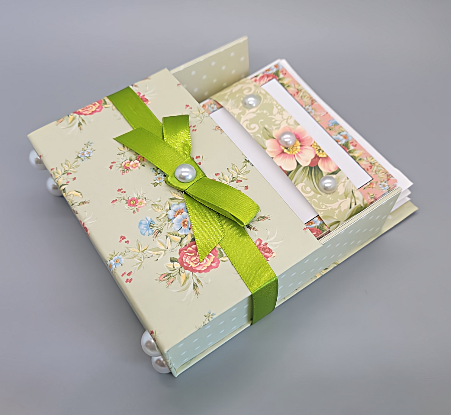 42-Pc Stationery Gift Box Set with Reusable Desktop Organizer Box (Coral Pink & Sage Green Floral)