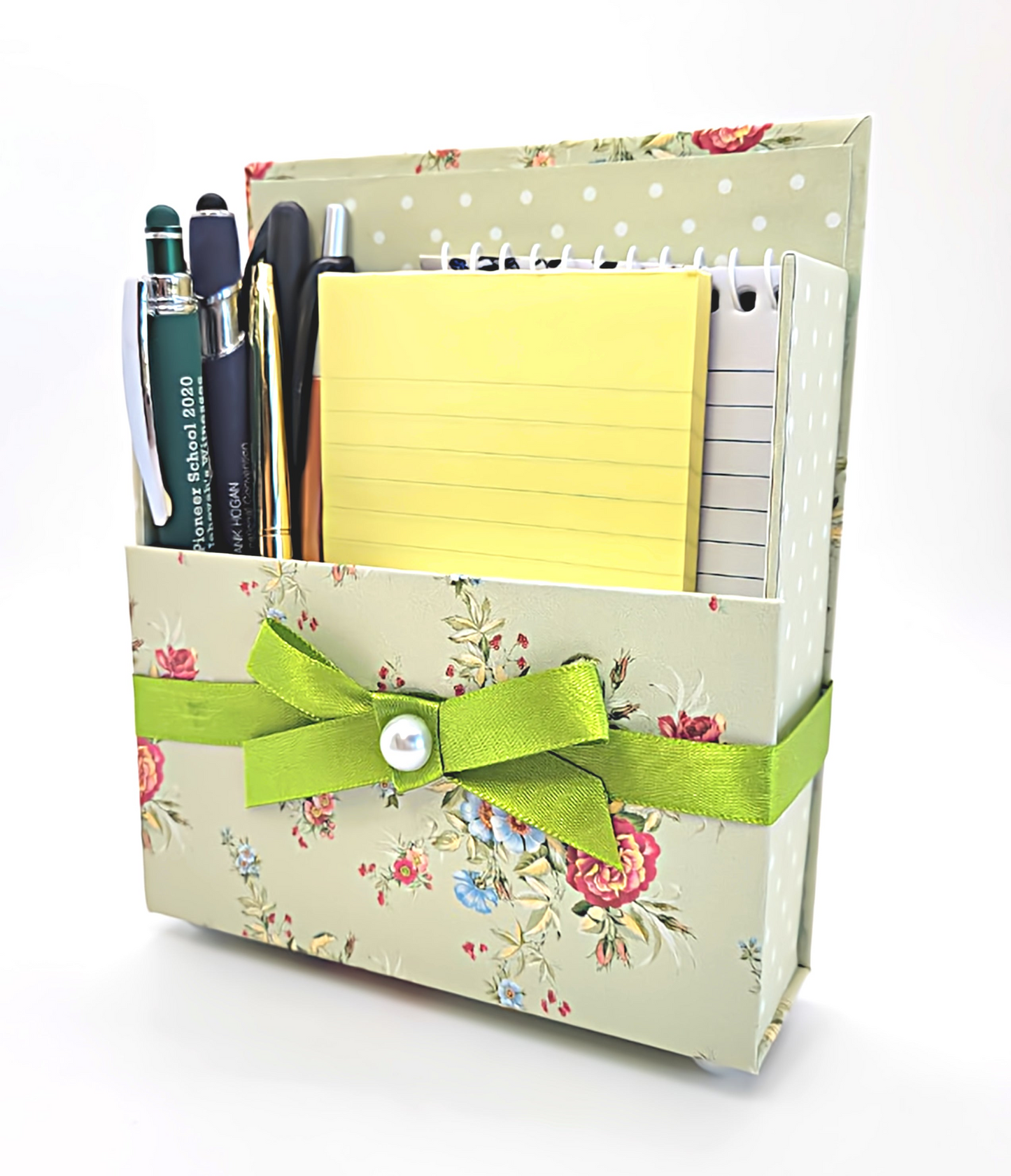 42-Pc Stationery Gift Box Set with Reusable Desktop Organizer Box (Coral Pink & Sage Green Floral)