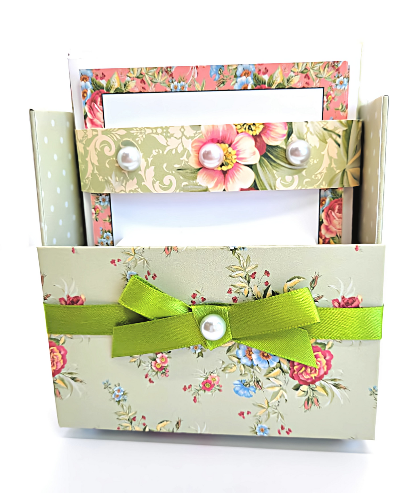 42-Pc Stationery Gift Box Set with Reusable Desktop Organizer Box (Coral Pink & Sage Green Floral)