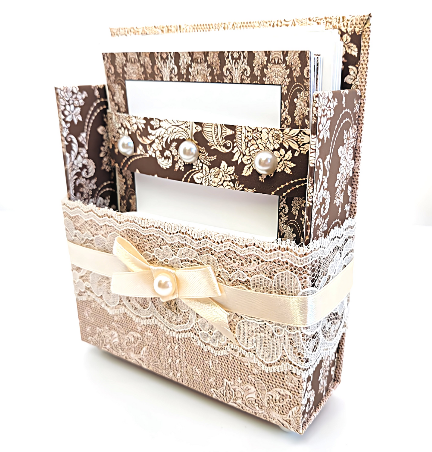 42-Pc Stationery Gift Box Set with Reusable Desktop Organizer Box (Ivory & Brown Vintage Lace)