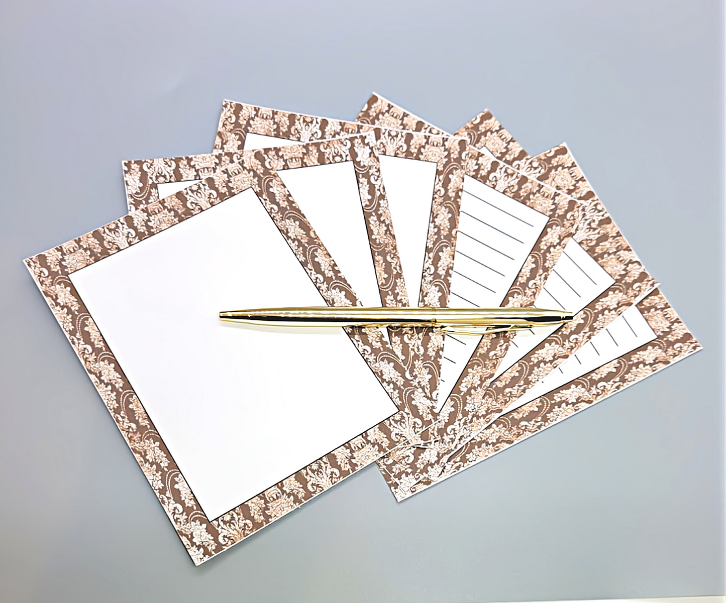 42-Pc Stationery Gift Box Set with Reusable Desktop Organizer Box (Ivory & Brown Vintage Lace)