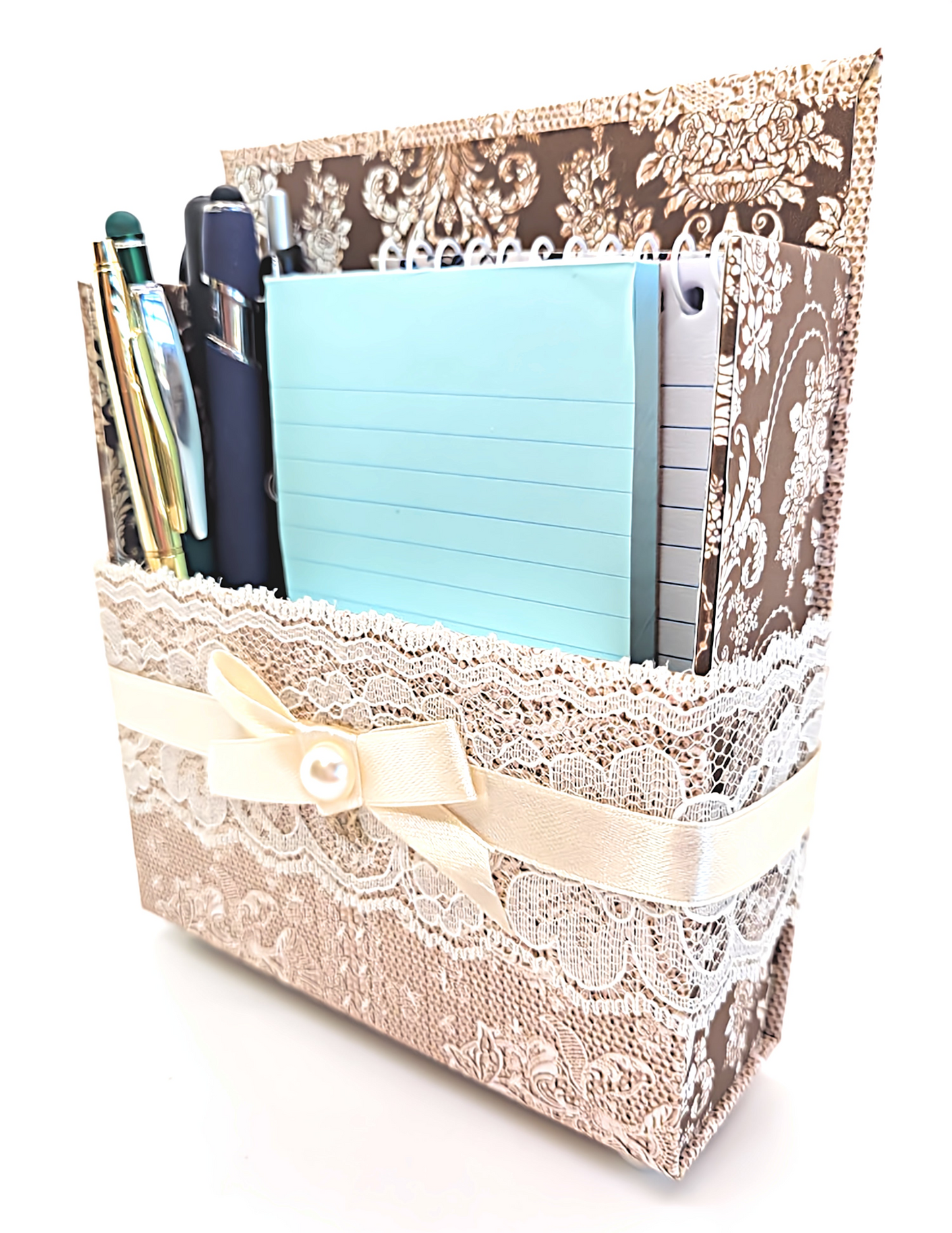 42-Pc Stationery Gift Box Set with Reusable Desktop Organizer Box (Ivory & Brown Vintage Lace)