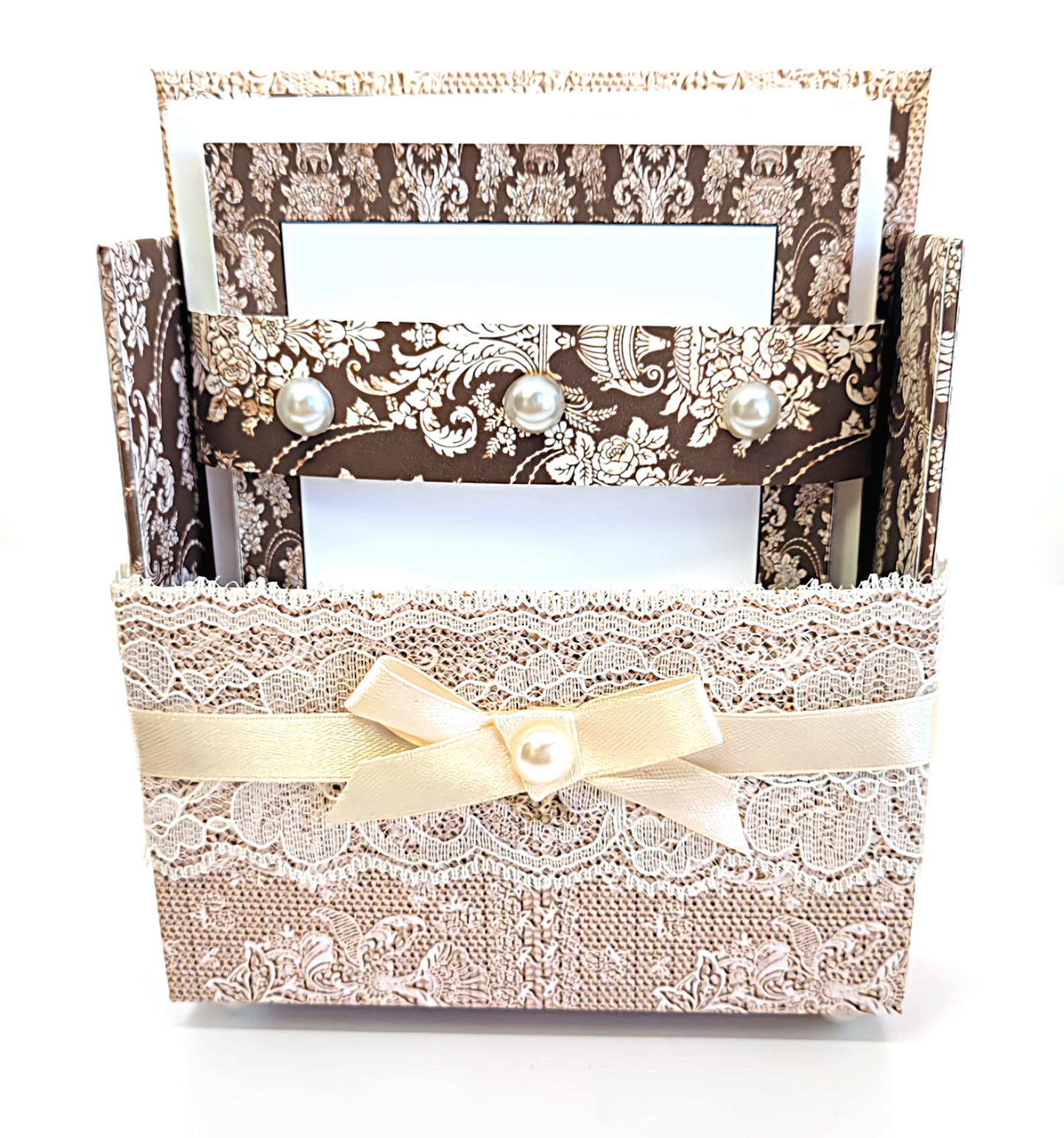 42-Pc Stationery Gift Box Set with Reusable Desktop Organizer Box (Ivory & Brown Vintage Lace)