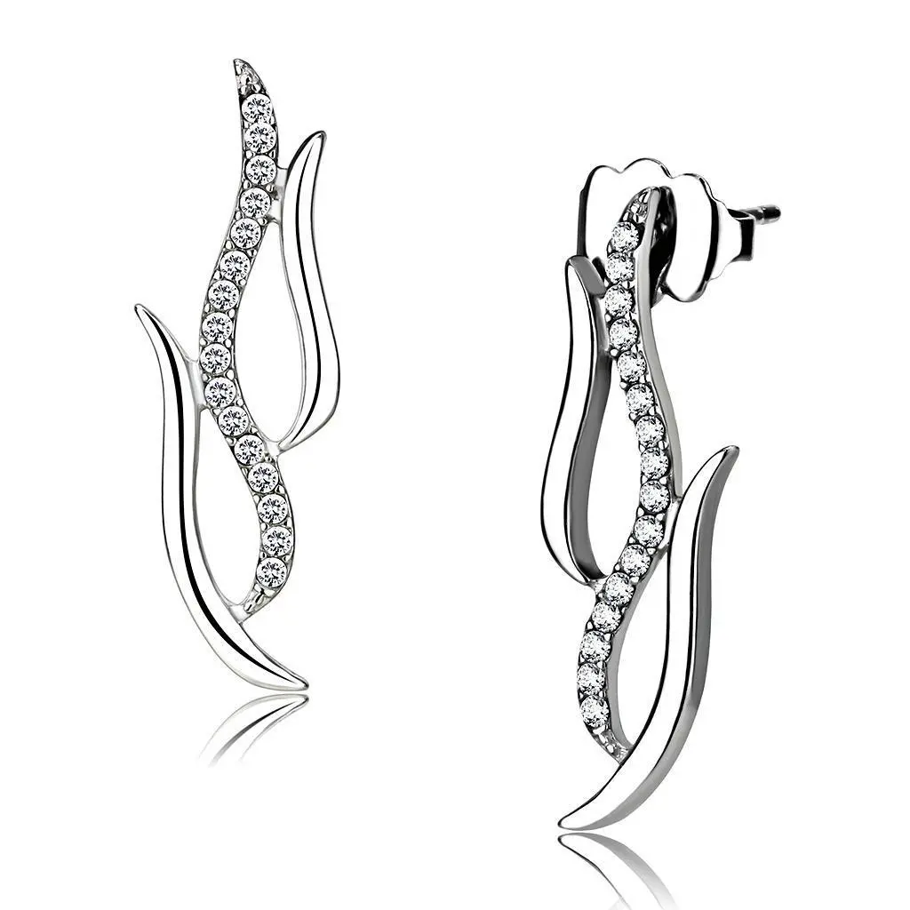 DA182 - High polished (no plating) Stainless Steel Earrings with AAA Grade CZ in Clear