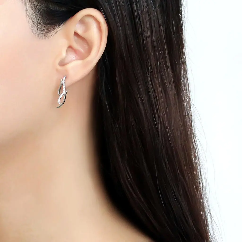 DA182 - High polished (no plating) Stainless Steel Earrings with AAA Grade CZ in Clear