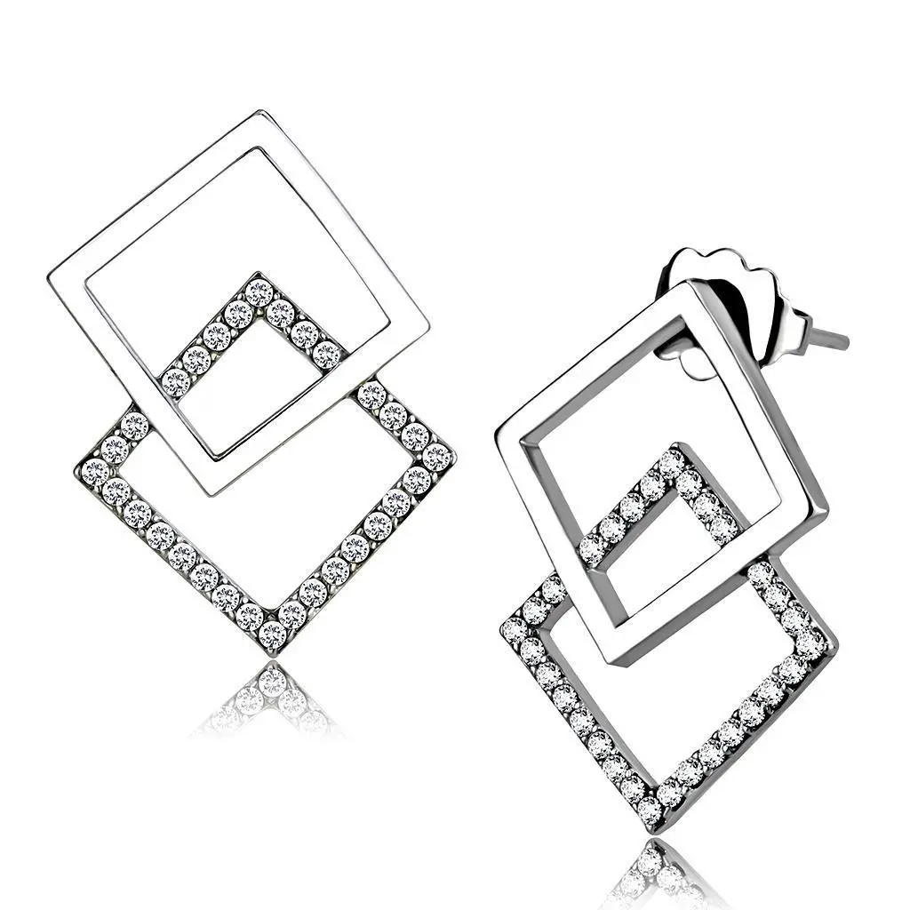 DA201 - High polished (no plating) Stainless Steel Earrings with AAA Grade CZ in Clear