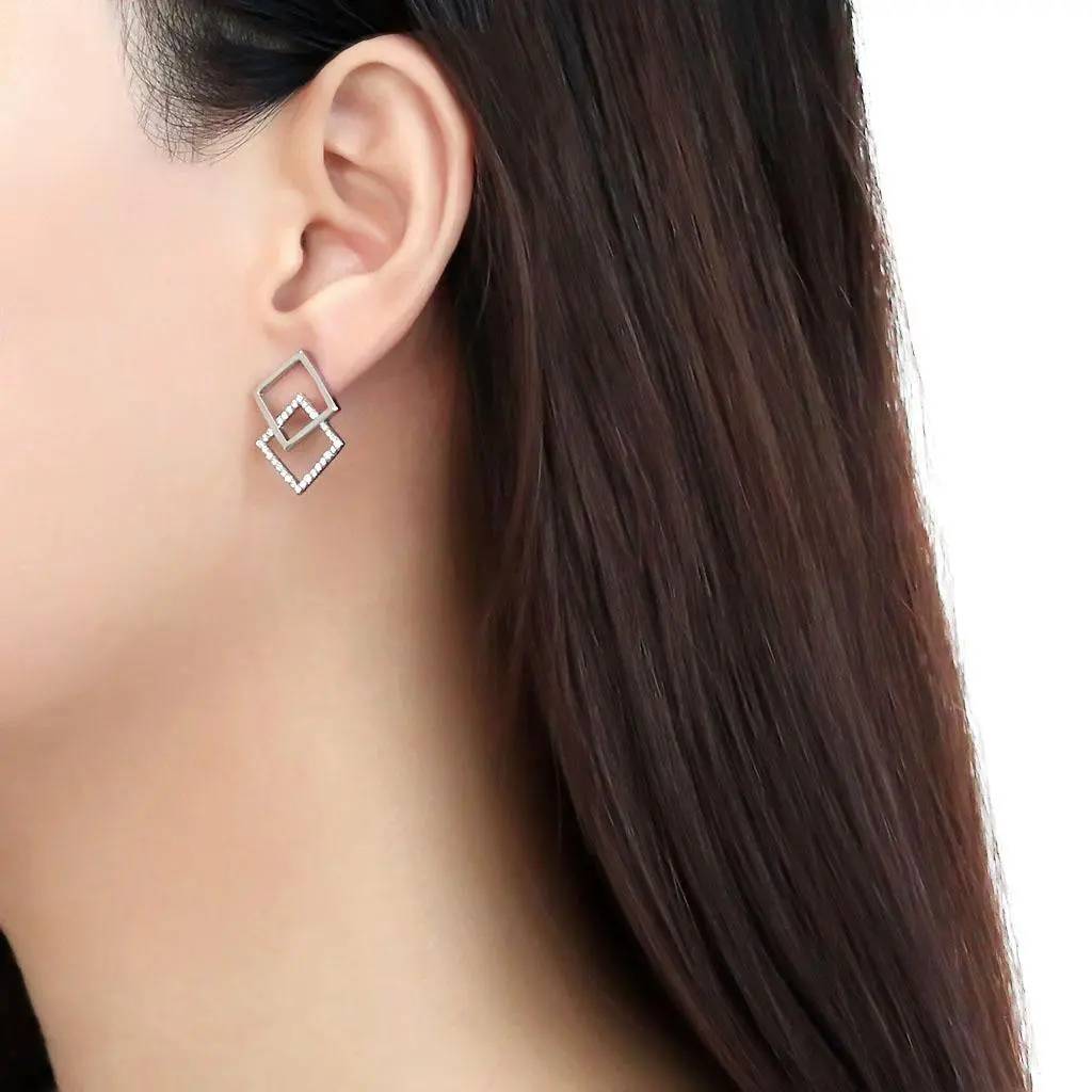 DA201 - High polished (no plating) Stainless Steel Earrings with AAA Grade CZ in Clear