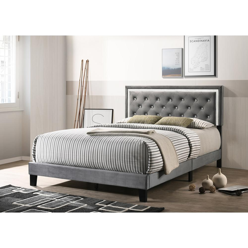 Dark Grey Velvet Uph. Panel Bed with Accents - Queen