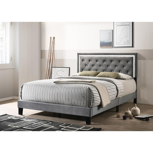 Dark Grey Velvet Uph. Panel Bed with Accents - Queen
