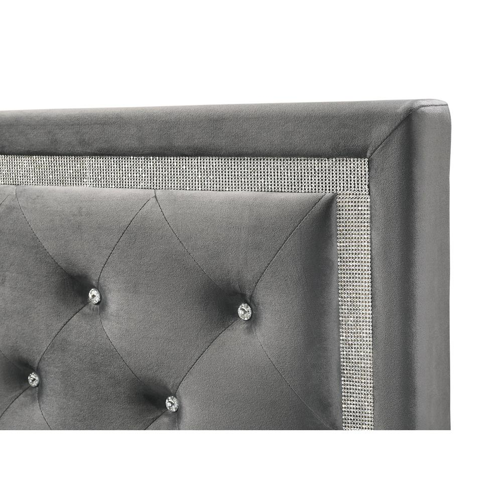 Dark Grey Velvet Uph. Panel Bed with Accents - Queen