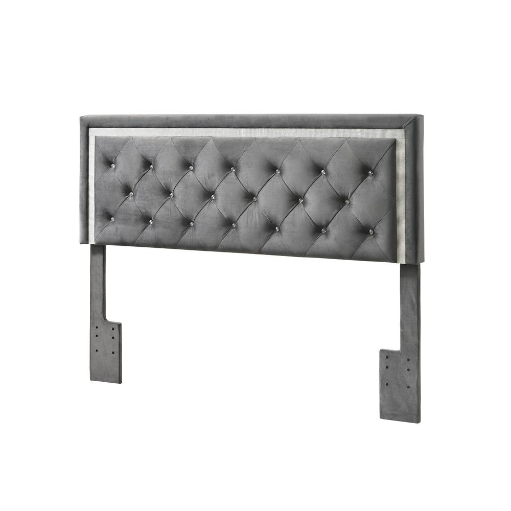 Dark Grey Velvet Uph. Panel Bed with Accents - Queen