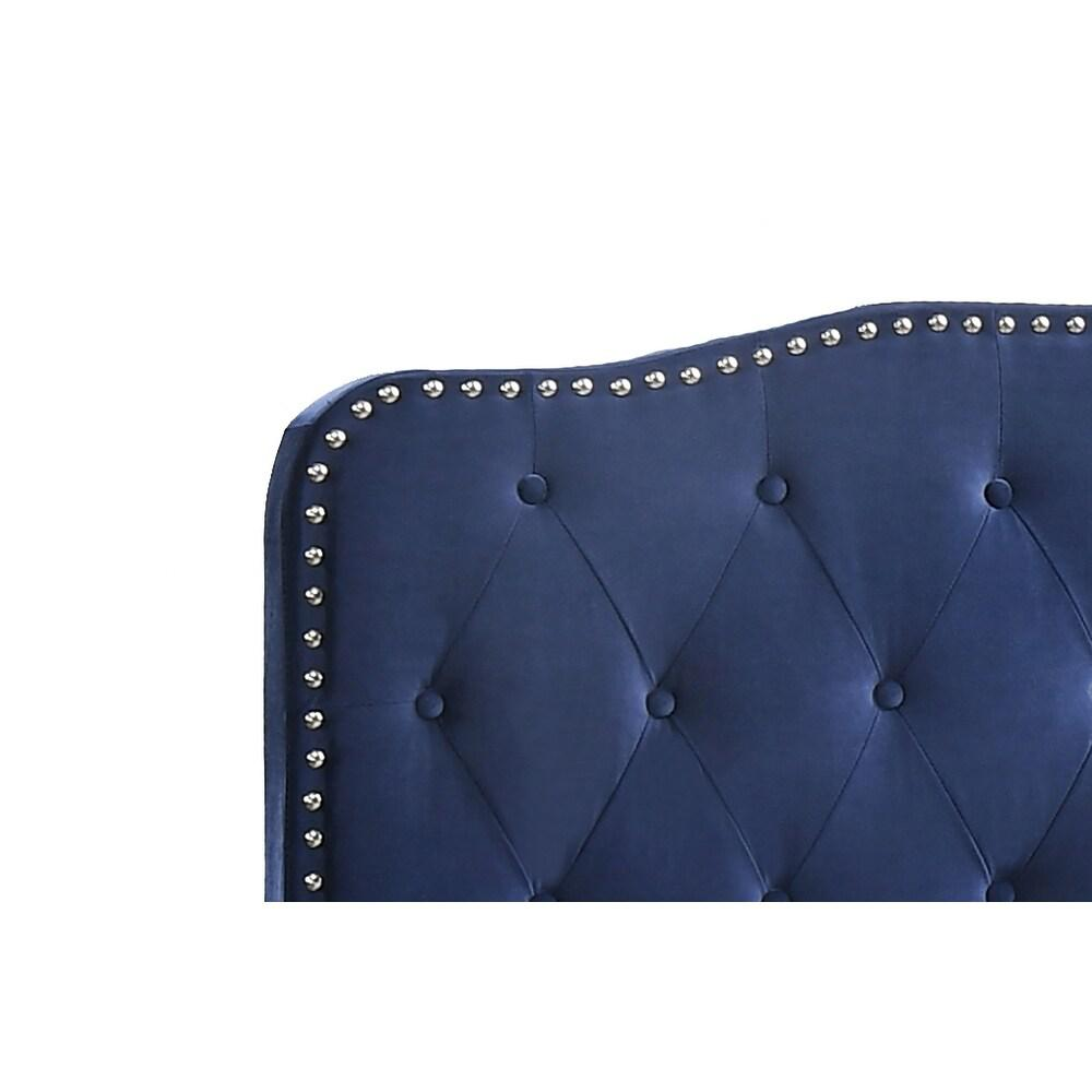 Navy Blue Velvet Uph. Panel Bed with Silver Nailhead - Queen
