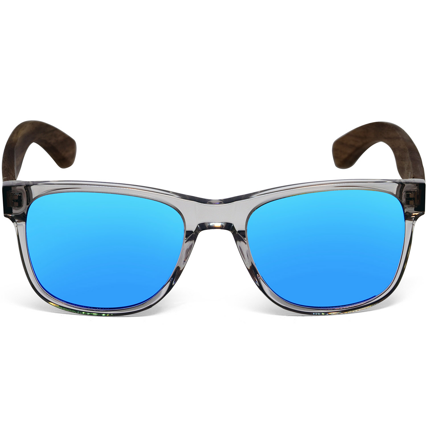 Walnut wood classic style sunglasses blue mirrored polarized lenses