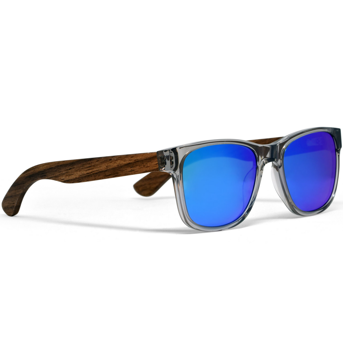 Walnut wood classic style sunglasses blue mirrored polarized lenses