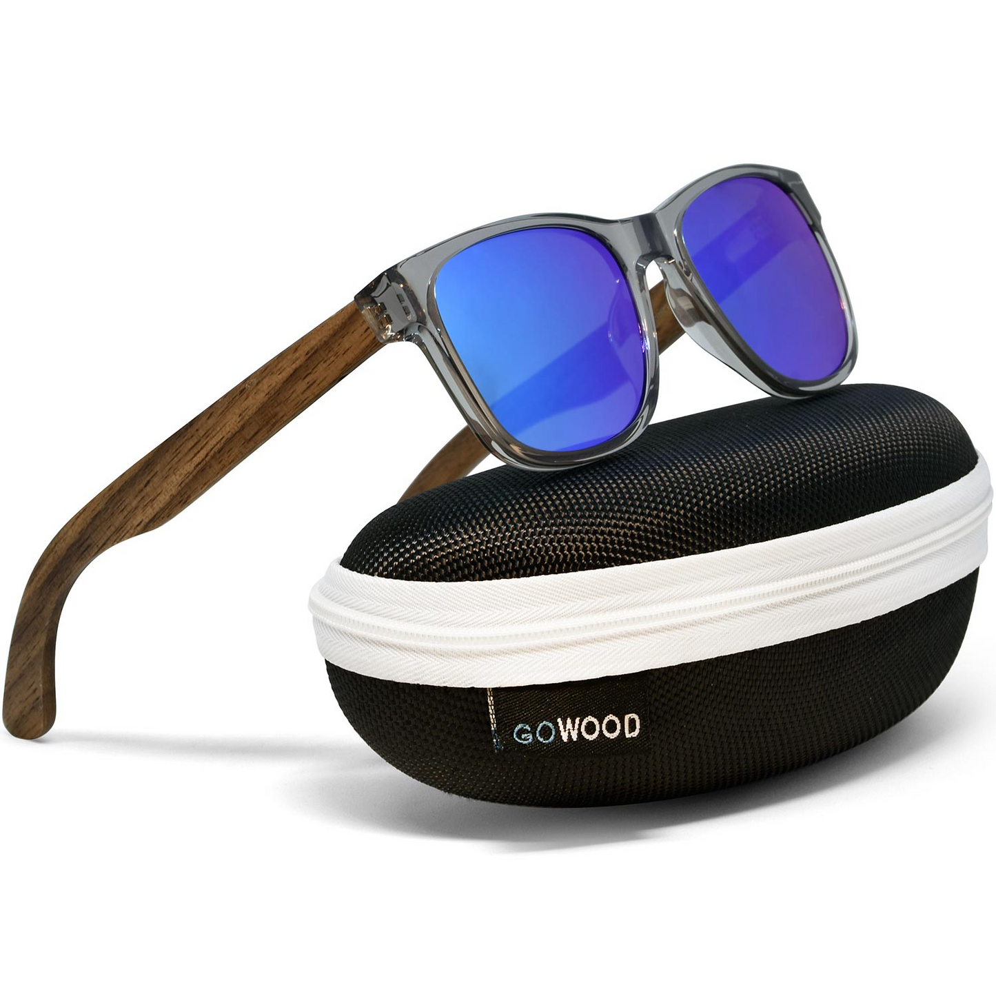 Walnut wood classic style sunglasses blue mirrored polarized lenses