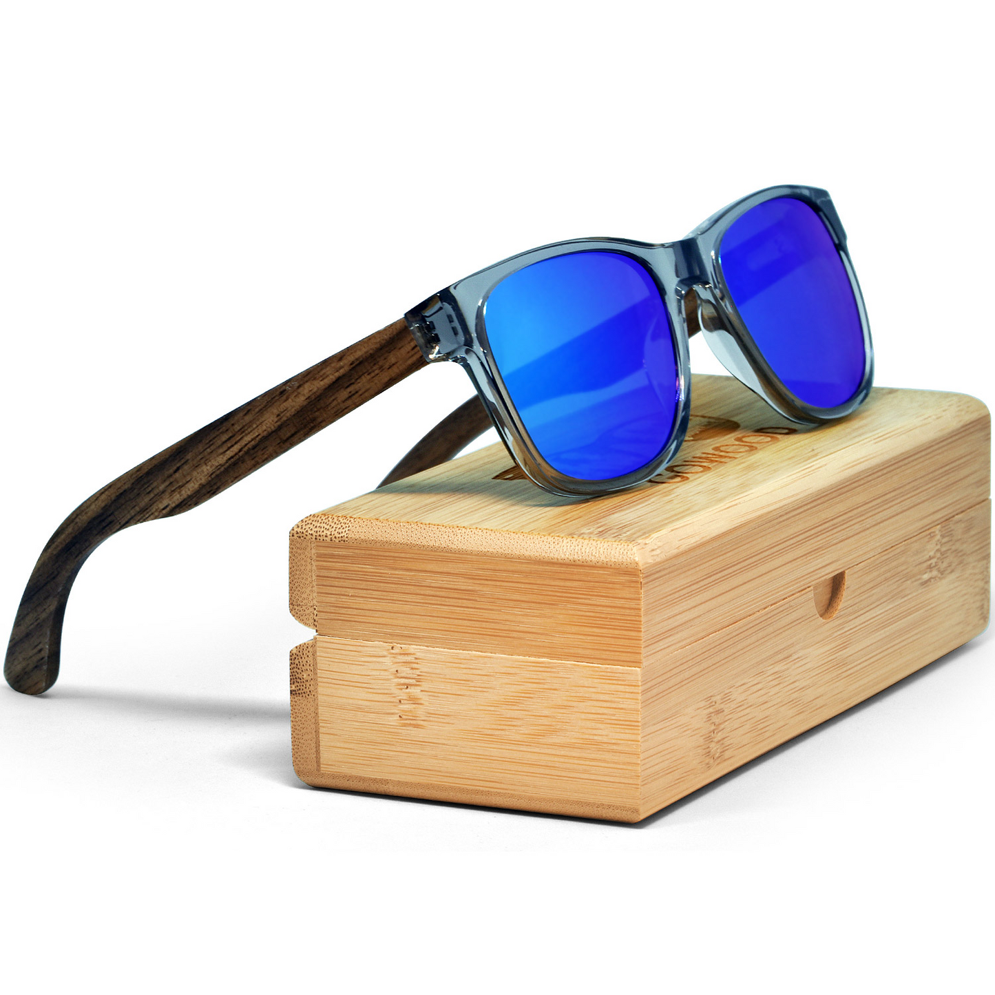 Walnut wood classic style sunglasses blue mirrored polarized lenses