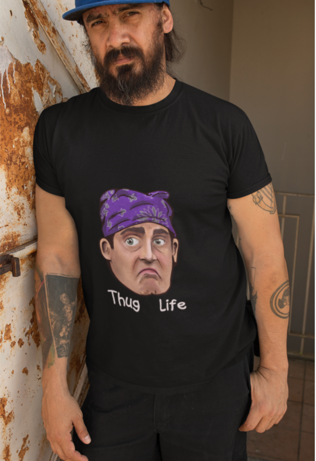 A bearded man waring a awesome t-shirt with Gordo Illustra Thug life design