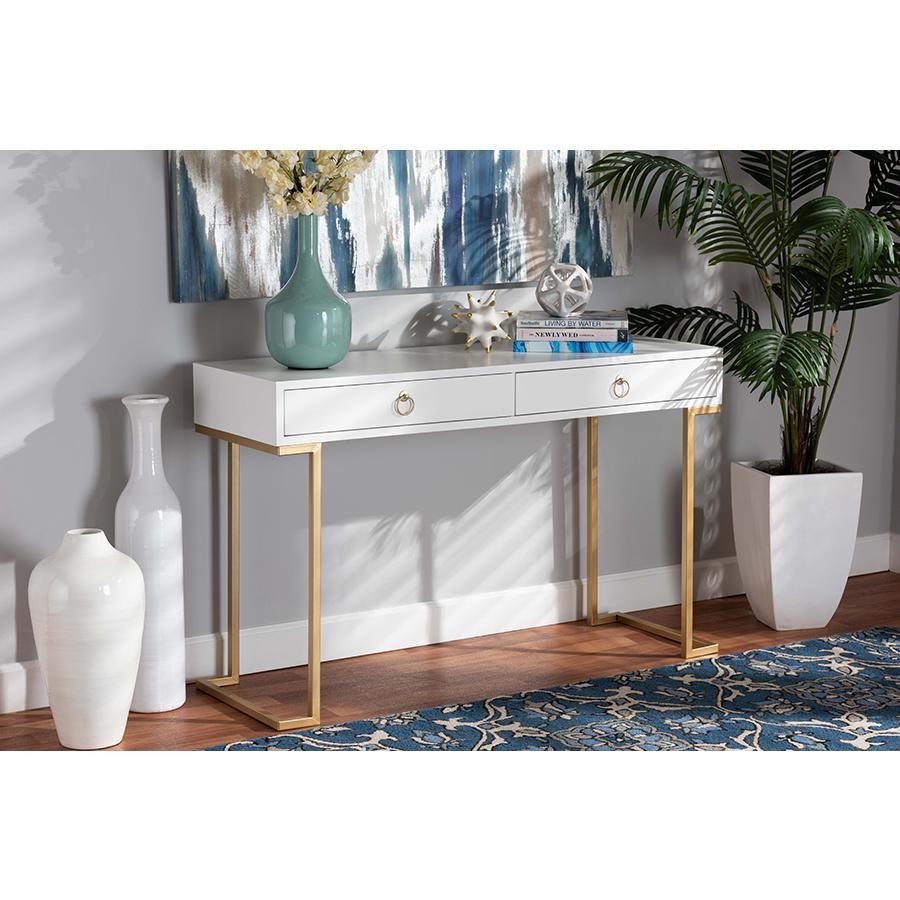 Baxton Studio Beagan Modern and Contemporary White Finished Wood and Gold Metal 2-Drawer Console Table