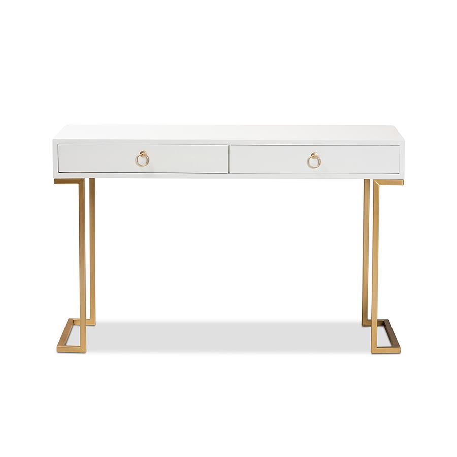 Baxton Studio Beagan Modern and Contemporary White Finished Wood and Gold Metal 2-Drawer Console Table