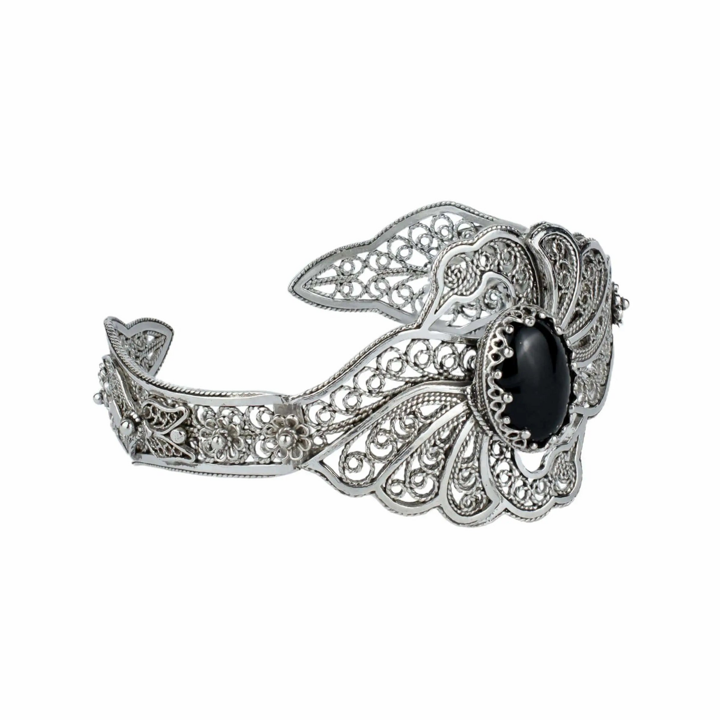 Sterling Silver Filigree Art Black Onyx Gemstone Double Swan Cuff Bracelet