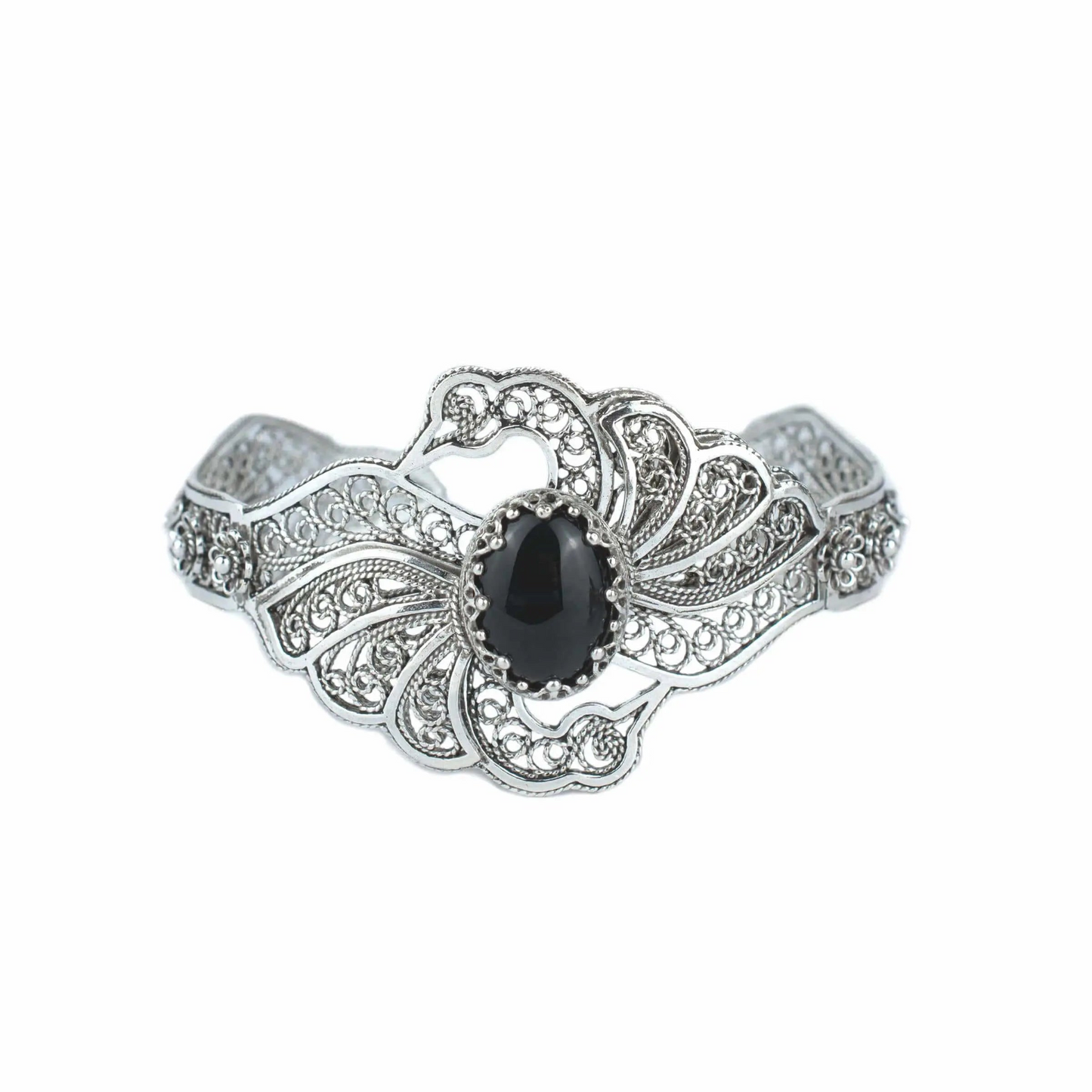 Sterling Silver Filigree Art Black Onyx Gemstone Double Swan Cuff Bracelet