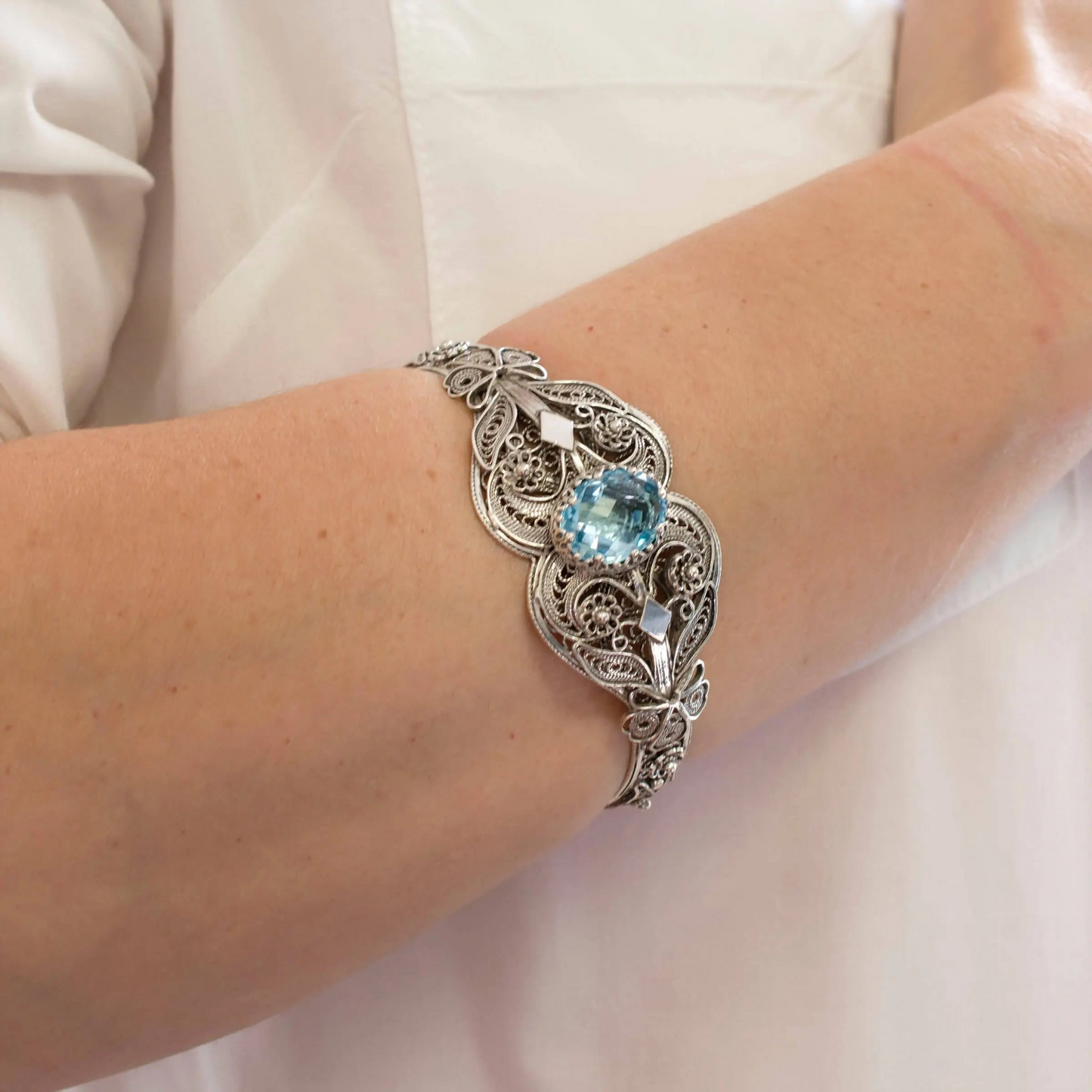 Sterling Silver Filigree Art Blue Topaz Gemstone Cuff Bracelet