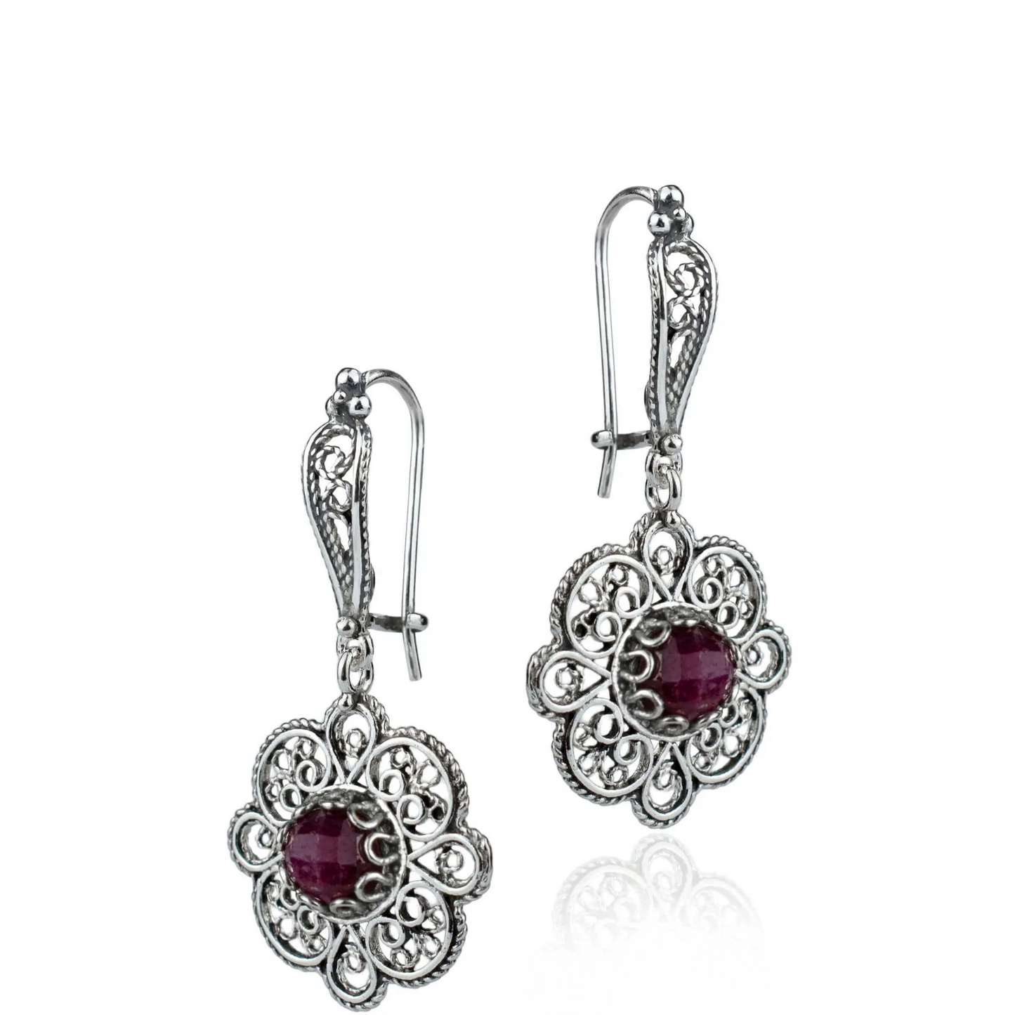 Sterling Silver Filigree Art Ruby Corundum Gemstone Dangle Earrings