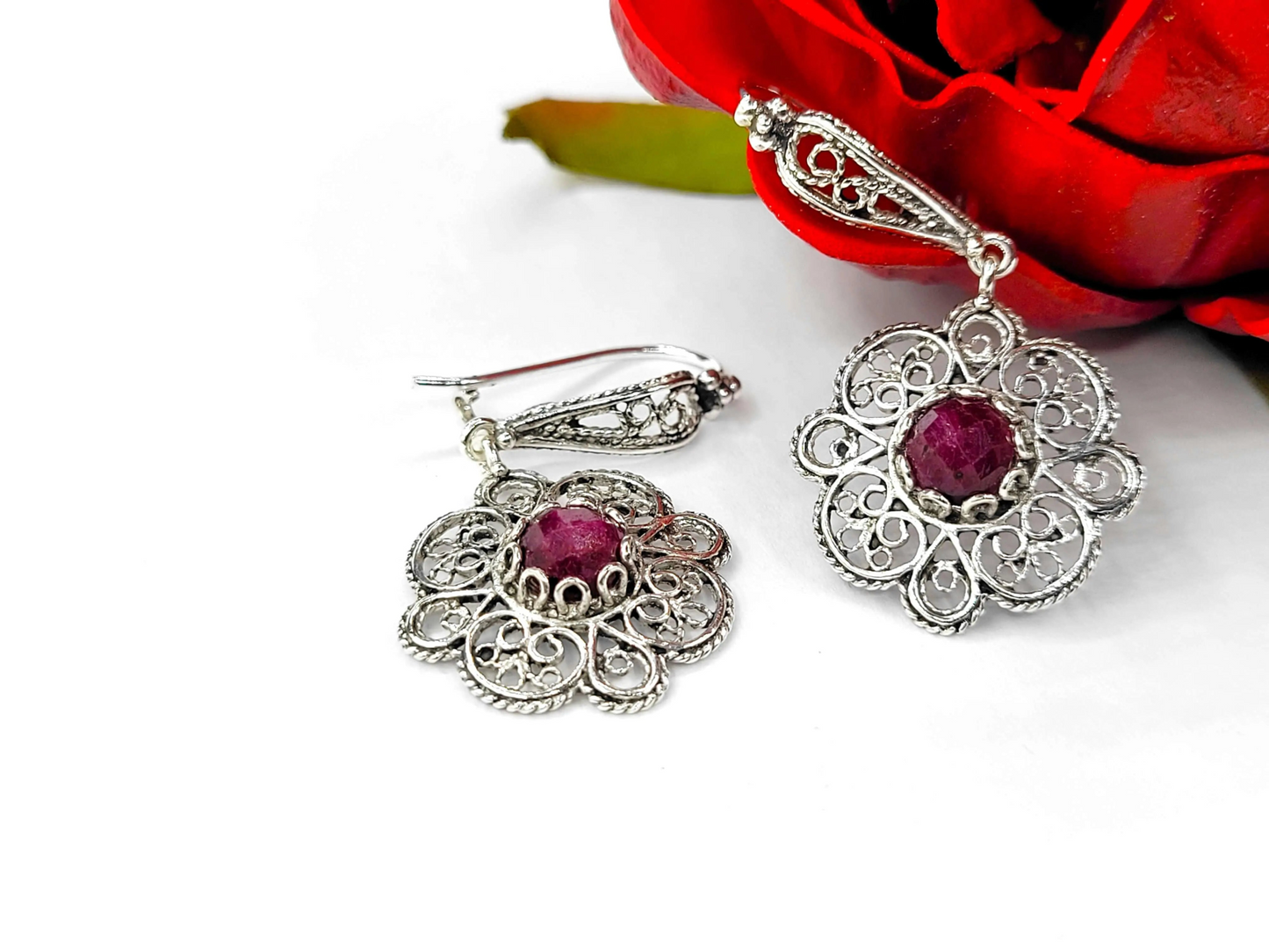 Sterling Silver Filigree Art Ruby Corundum Gemstone Dangle Earrings