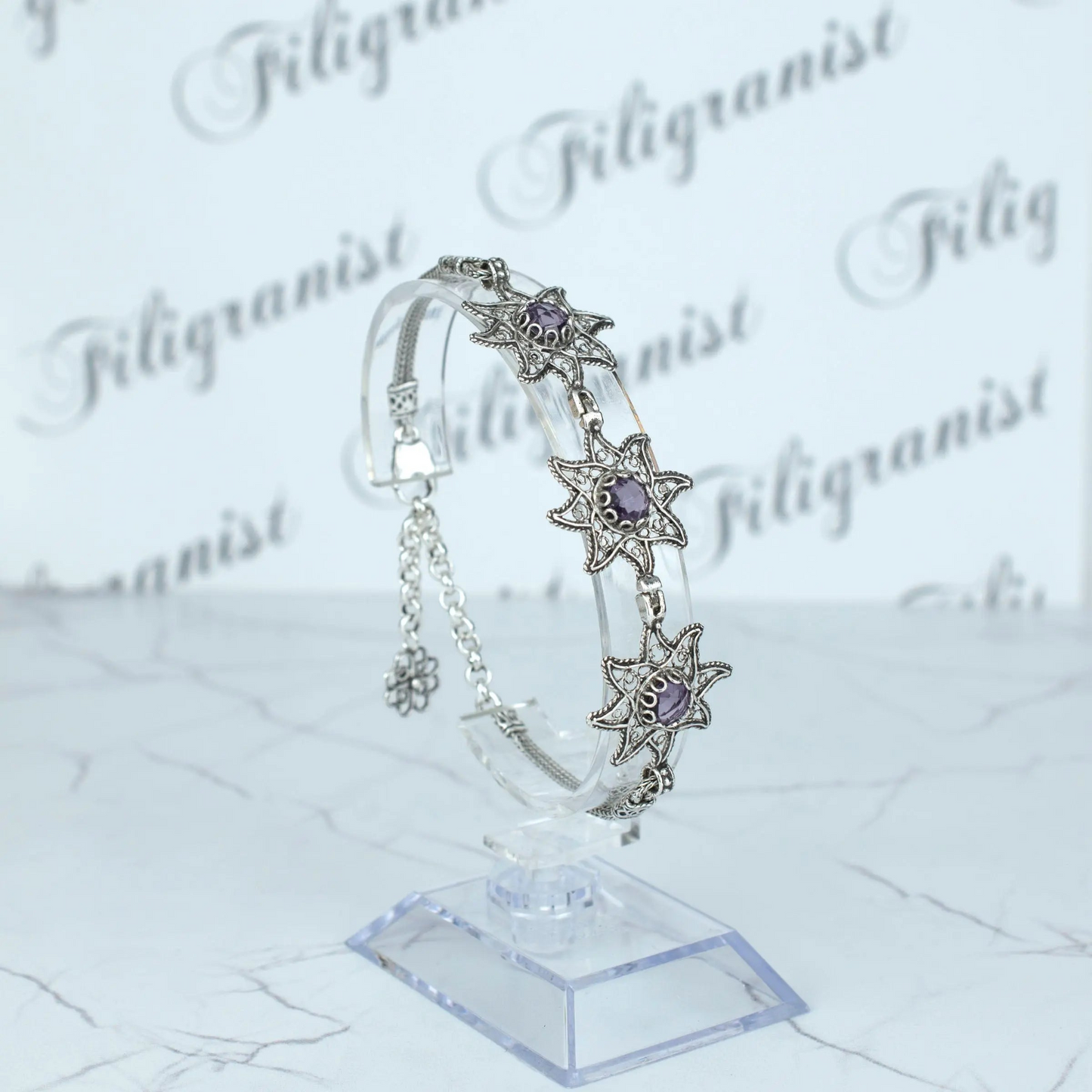 Sterling Silver Filigree Art Amethyst Gemstone Star Link Bracelet