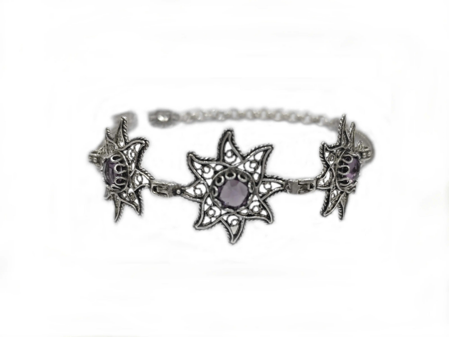 Sterling Silver Filigree Art Amethyst Gemstone Star Link Bracelet