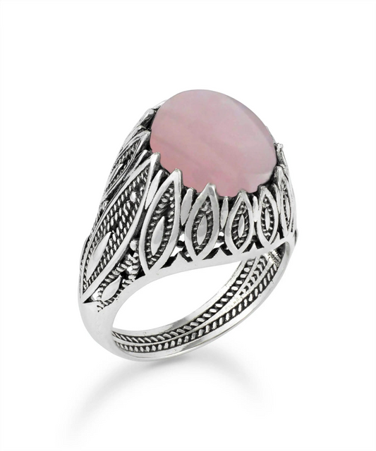 Sterling Silver Filigree Art Rose Quartz Gemstone Women Statement Ring