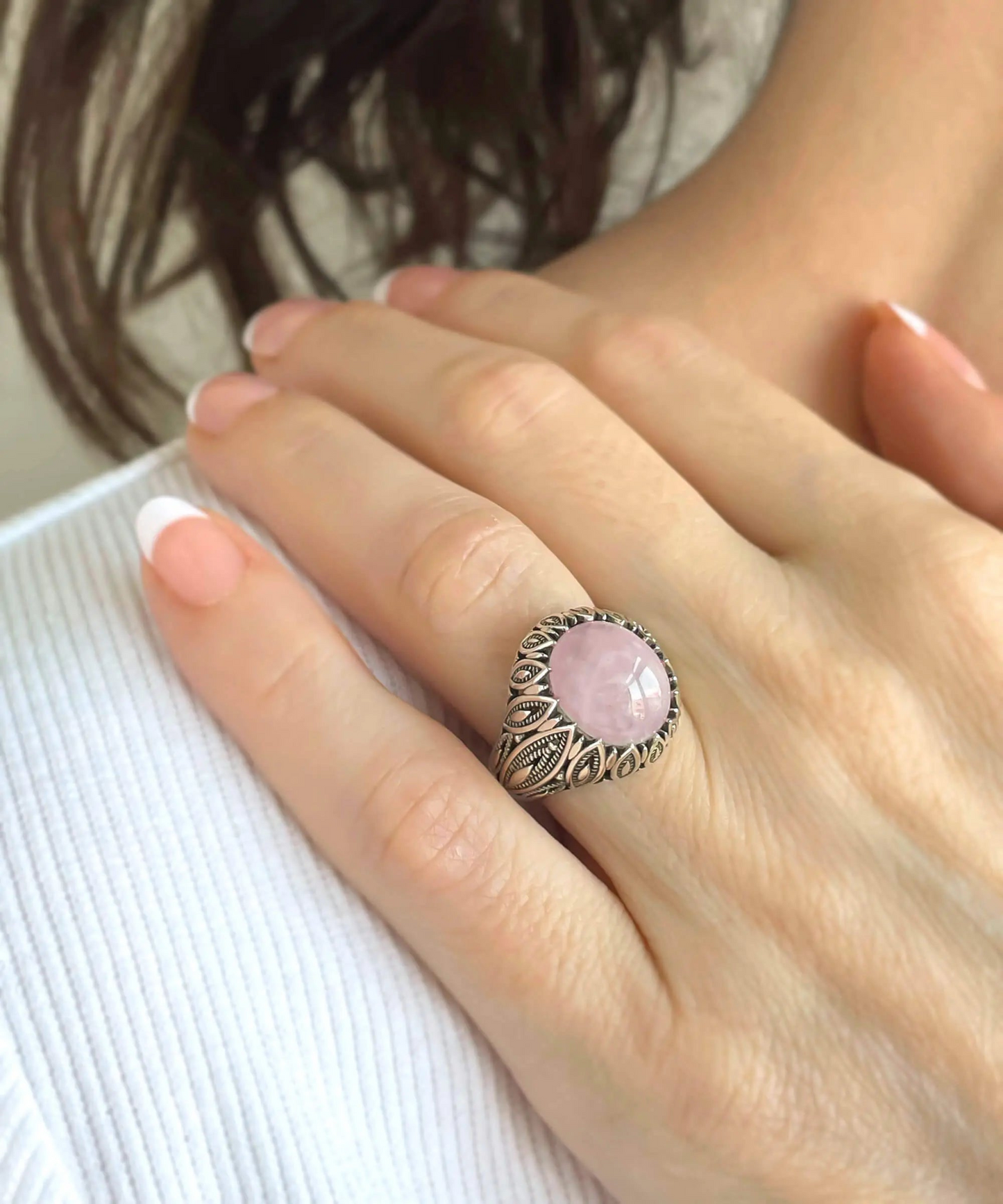 Sterling Silver Filigree Art Rose Quartz Gemstone Women Statement Ring