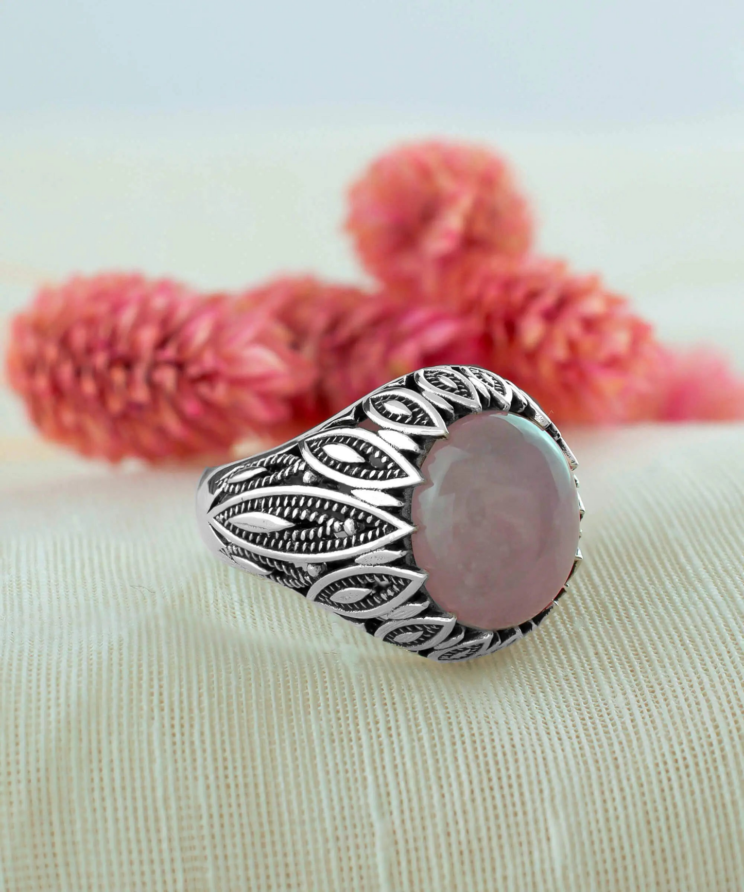 Sterling Silver Filigree Art Rose Quartz Gemstone Women Statement Ring