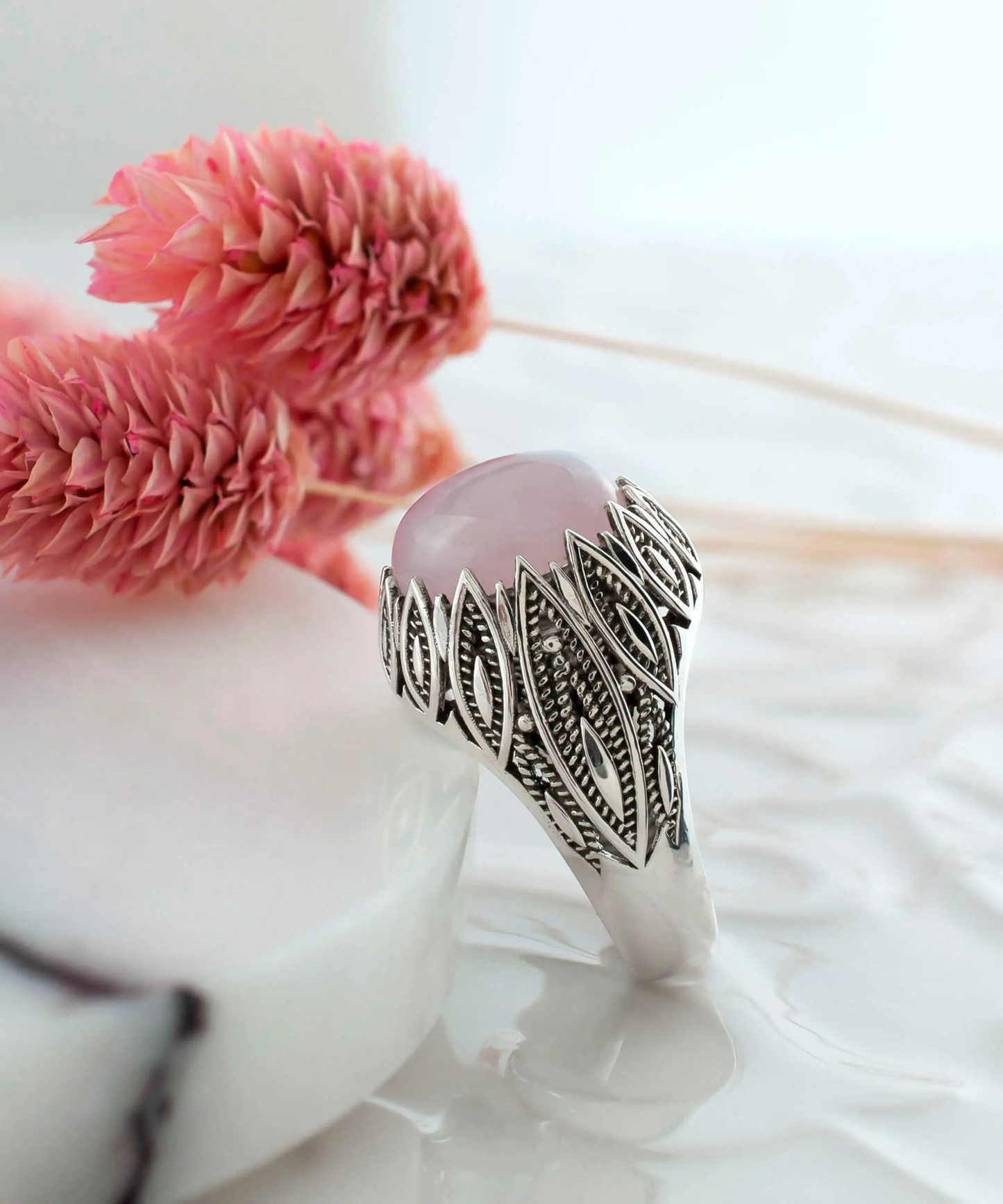 Sterling Silver Filigree Art Rose Quartz Gemstone Women Statement Ring