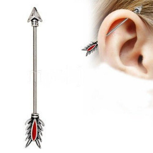 316L Stainless Steel Antique Tribal Arrow Industrial Barbell with Red Feather