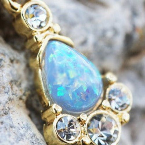 Gold Light Blue Tear Drop Synthetic Opal Dangle Navel Ring