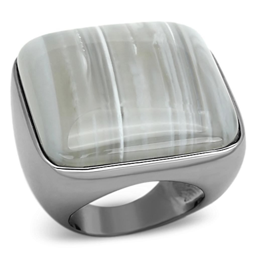 LOA905 - Ruthenium Brass Ring with Semi-Precious Agate in Light Gray