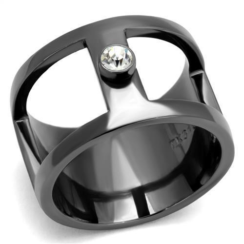 TK2898 - IP Light Black  (IP Gun) Stainless Steel Ring with Top Grade Crystal  in Clear