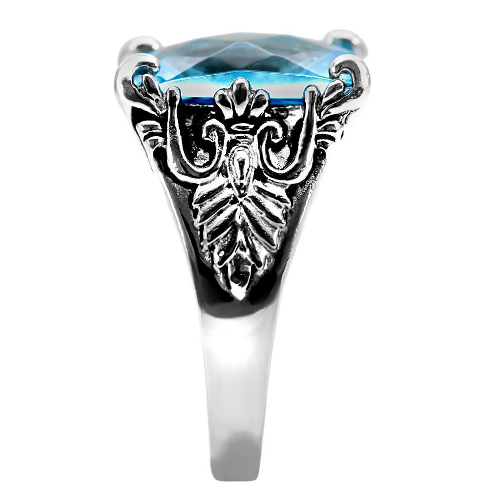 TK021 - High polished (no plating) Stainless Steel Ring with Synthetic Synthetic Glass in Sea Blue