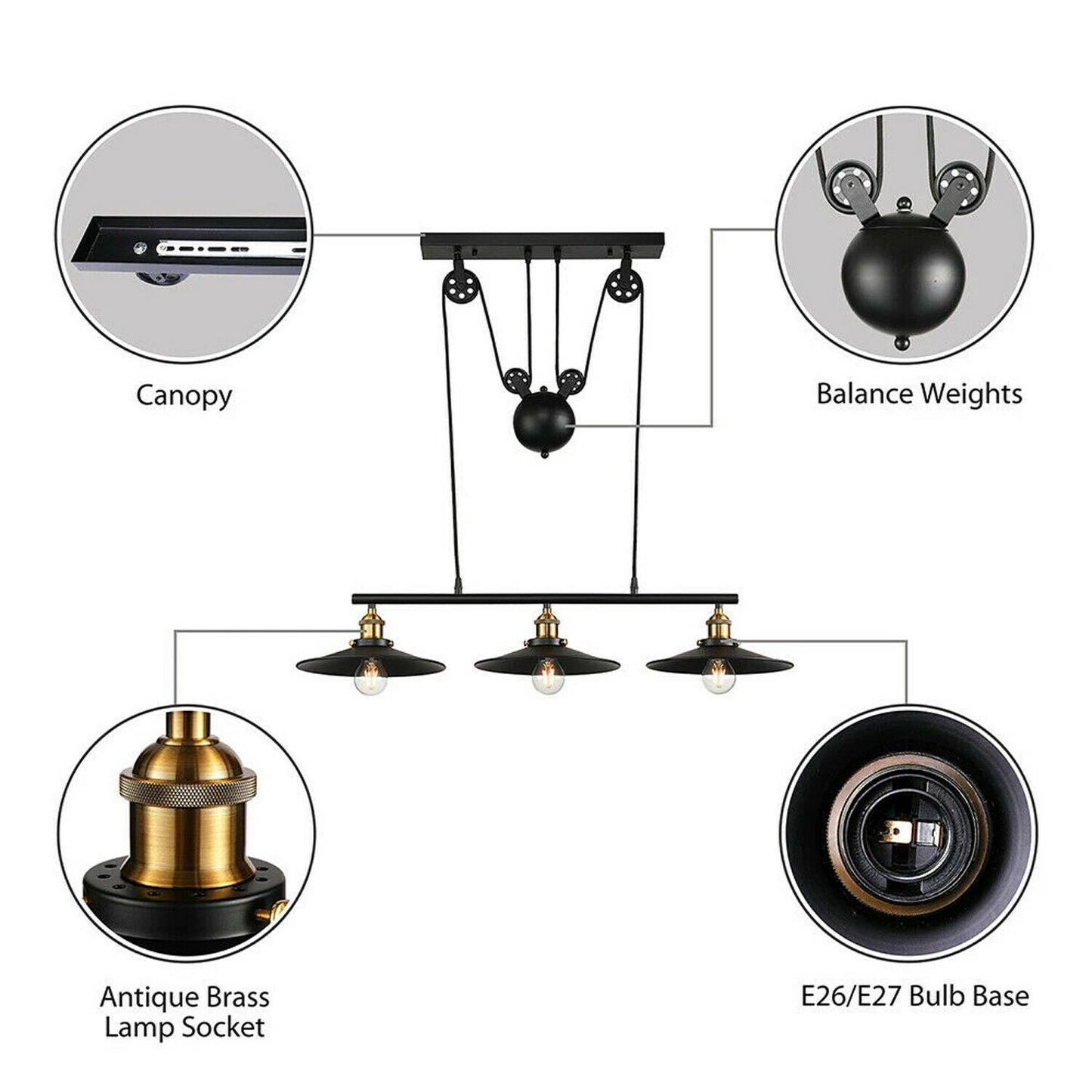 LEDSone Industrial Vintage Ceiling Pendant Pulley Pipe Lights Hanging Triple Island Lamp with E27 holder ~3449