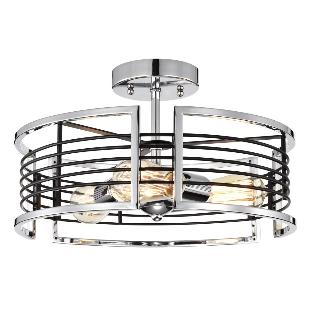 CHLOE Lighting IRONCLAD Industrial 3 Light Chrome Semi-Flush Ceiling Fixture 15" Wide