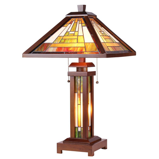 GAWAIN Tiffany-style Mission 3 Light Double Lit Wooden Table Lamp 15" Shade