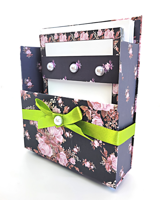 42-Pc Stationery Gift Box Set with Reusable Desktop Organizer Box (Pink & Coral Roses on Black)