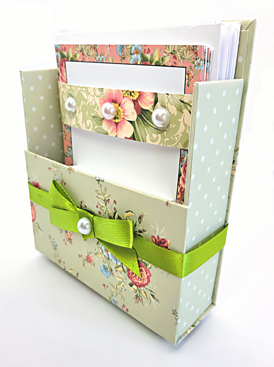 42-Pc Stationery Gift Box Set with Reusable Desktop Organizer Box  (Coral Pink & Sage Green Floral)