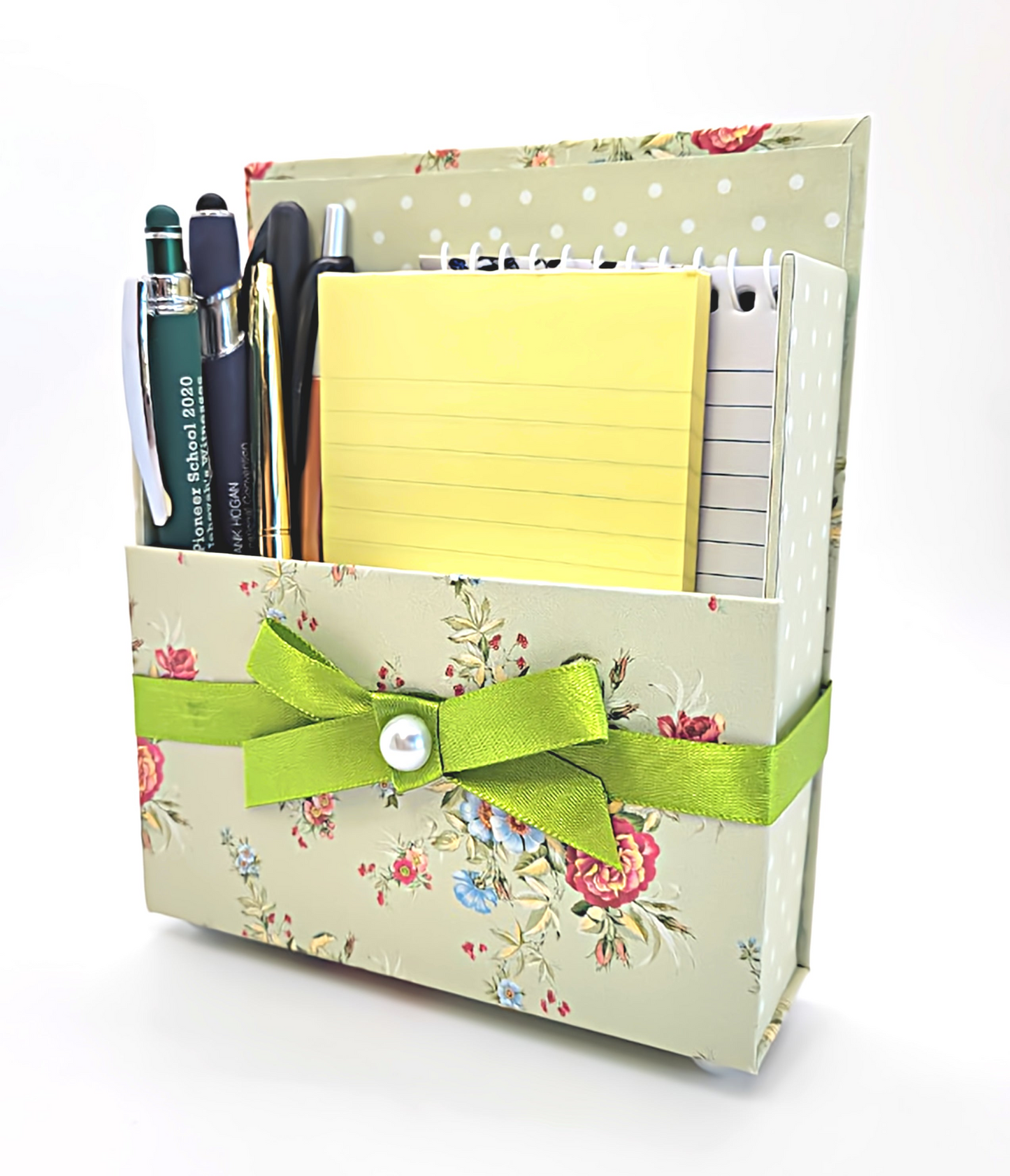 42-Pc Stationery Gift Box Set with Reusable Desktop Organizer Box  (Coral Pink & Sage Green Floral)